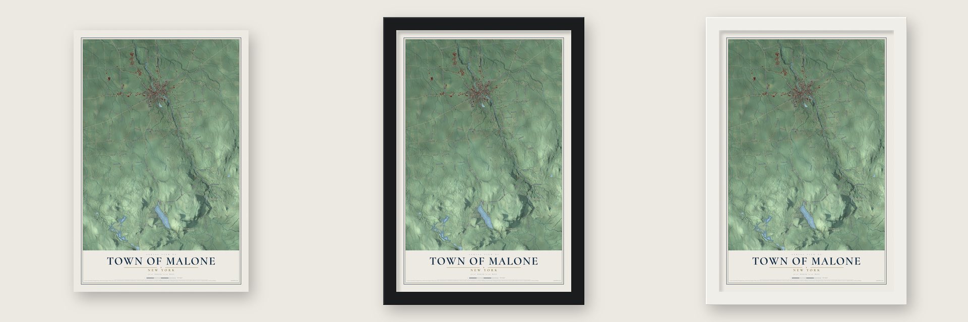 Town of Malone, New York map unframed, in a black wood frame and in a white wood frame