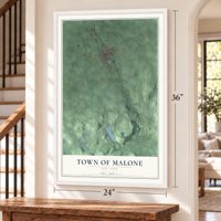 Town of Malone, New York map, 24 x 36 inch print in a white frame by a staircase