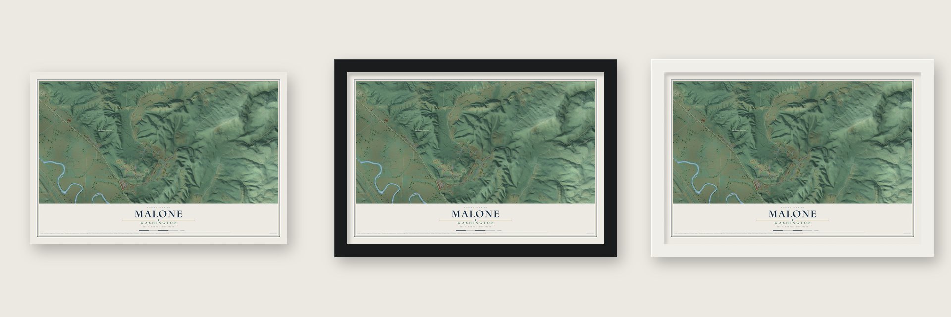 Malone, Washington map unframed, in a black wood frame and in a white wood frame