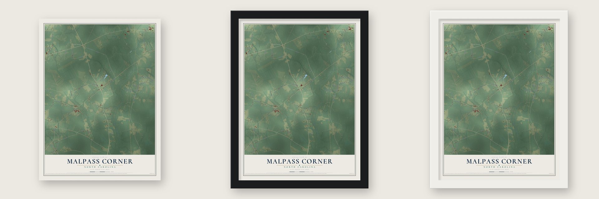 Malpass Corner, North Carolina map unframed, in a black wood frame and in a white wood frame