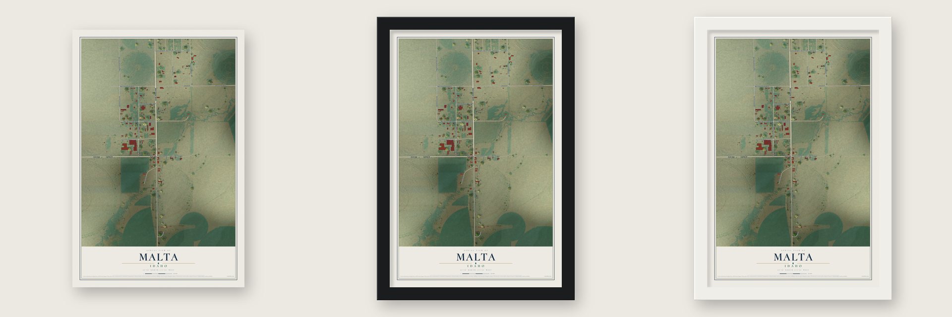 Malta, Idaho map unframed, in a black wood frame and in a white wood frame