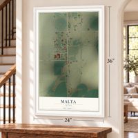 Malta, Idaho map, 24 x 36 inch print in a white frame by a staircase