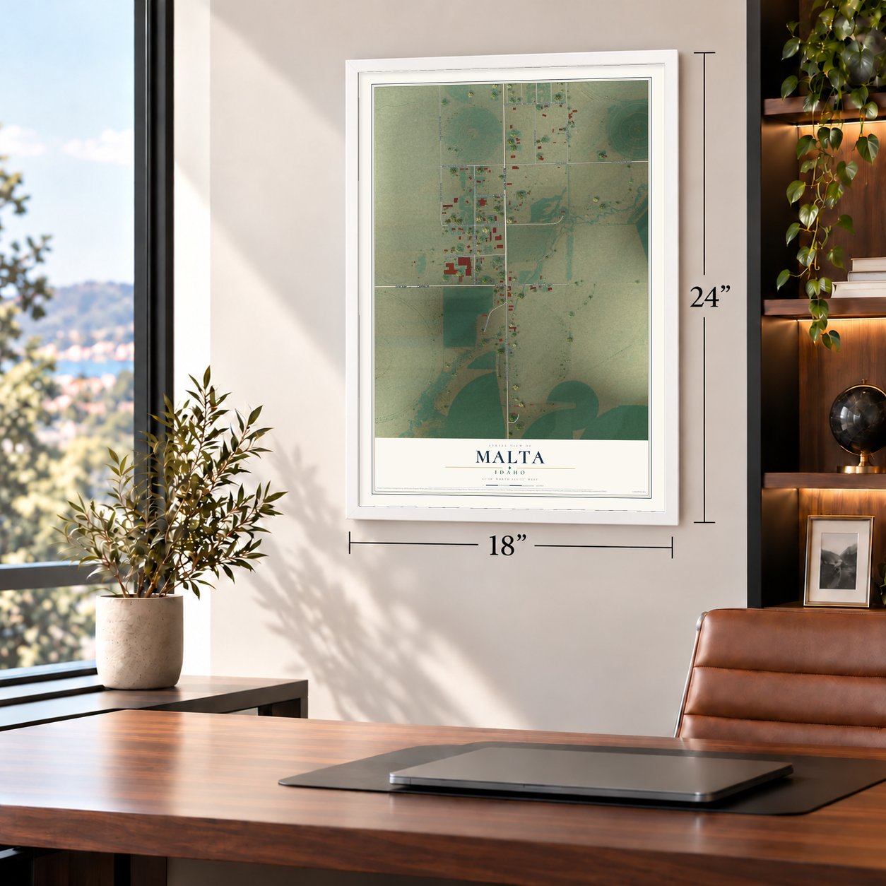 Malta, Idaho map, 18 x 24 inch print in a white frame in a home office