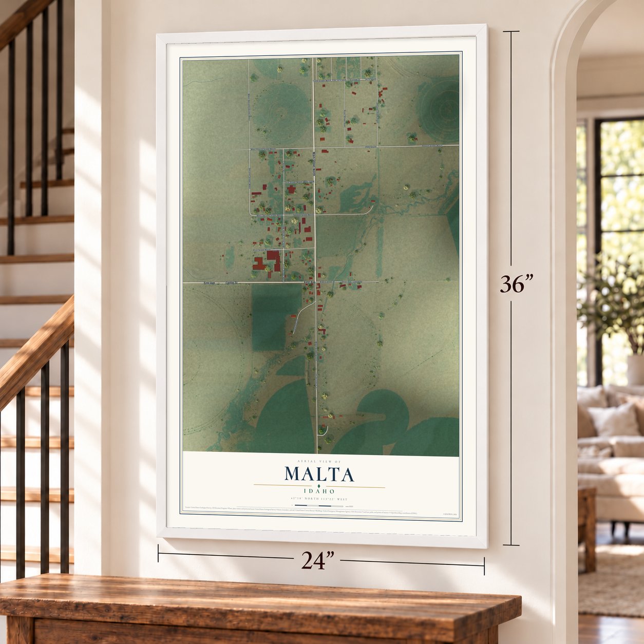 Malta, Idaho map, 24 x 36 inch print in a white frame by a staircase