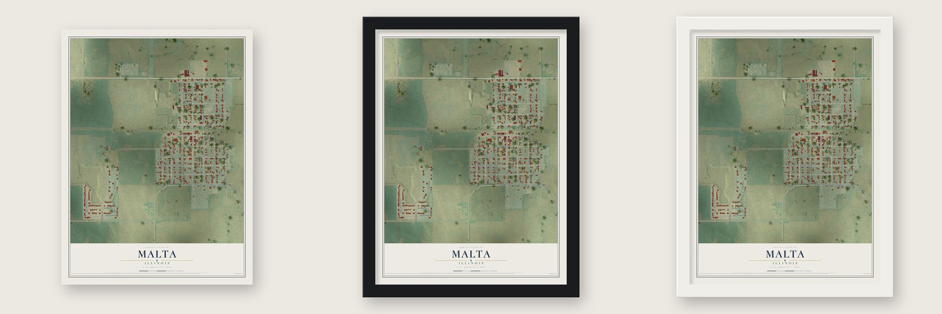 Malta, Illinois map unframed, in a black wood frame and in a white wood frame