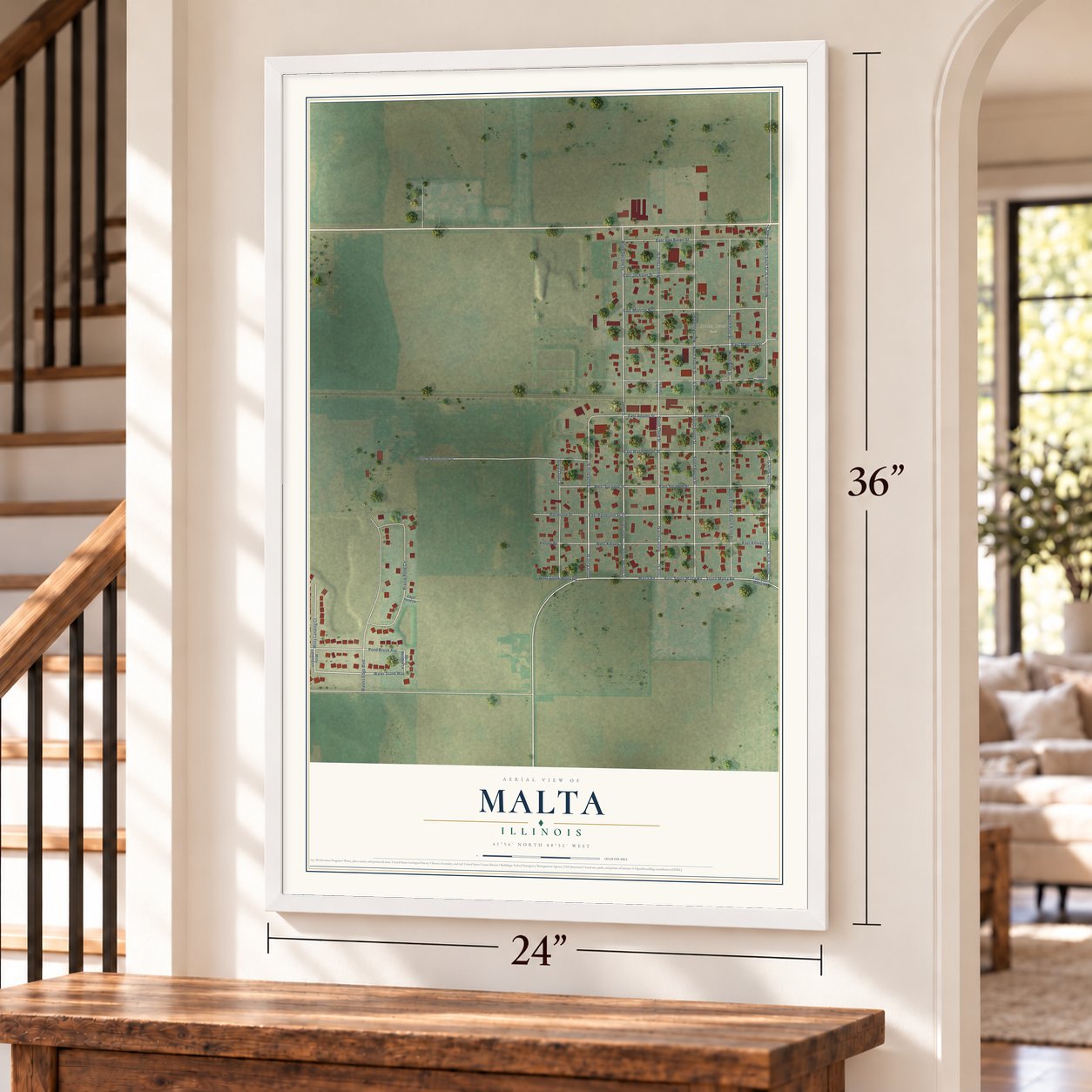 Malta, Illinois map, 24 x 36 inch print in a white frame by a staircase