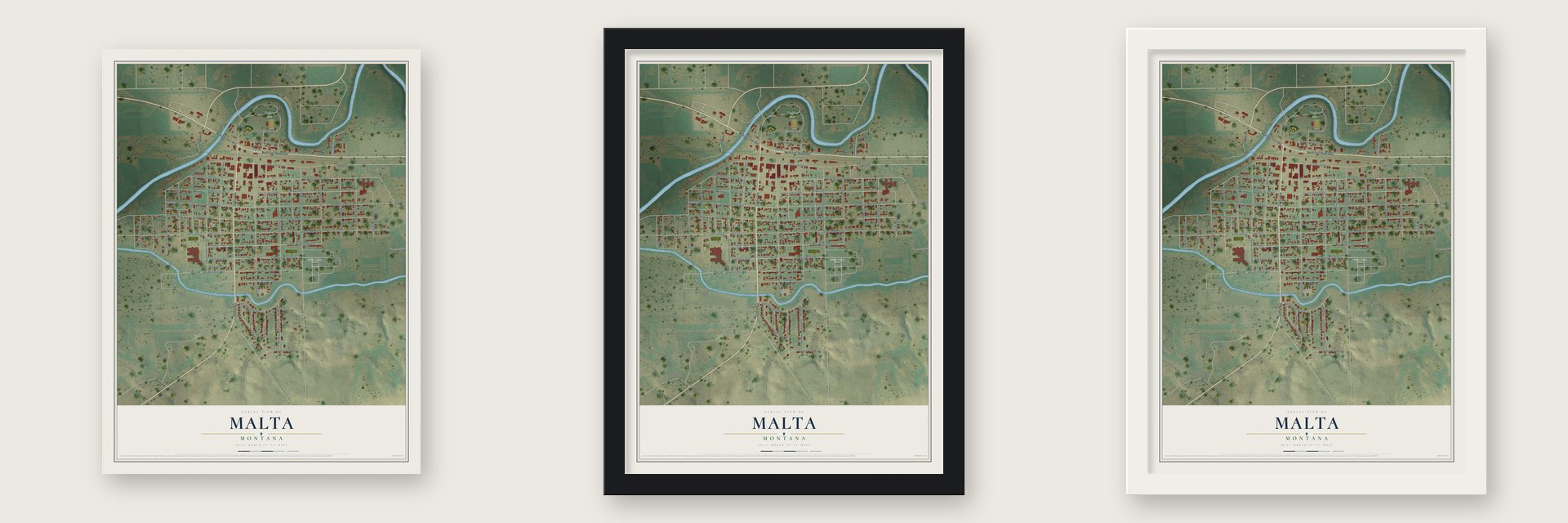 Malta, Montana map unframed, in a black wood frame and in a white wood frame
