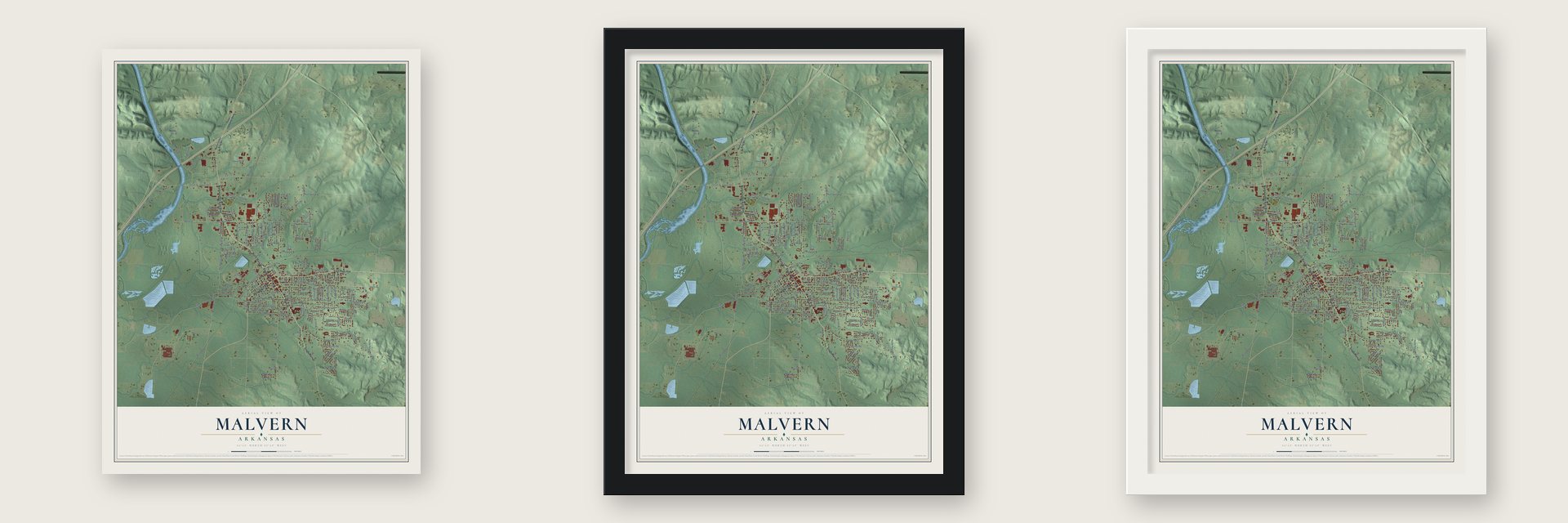 Malvern, Arkansas map unframed, in a black wood frame and in a white wood frame