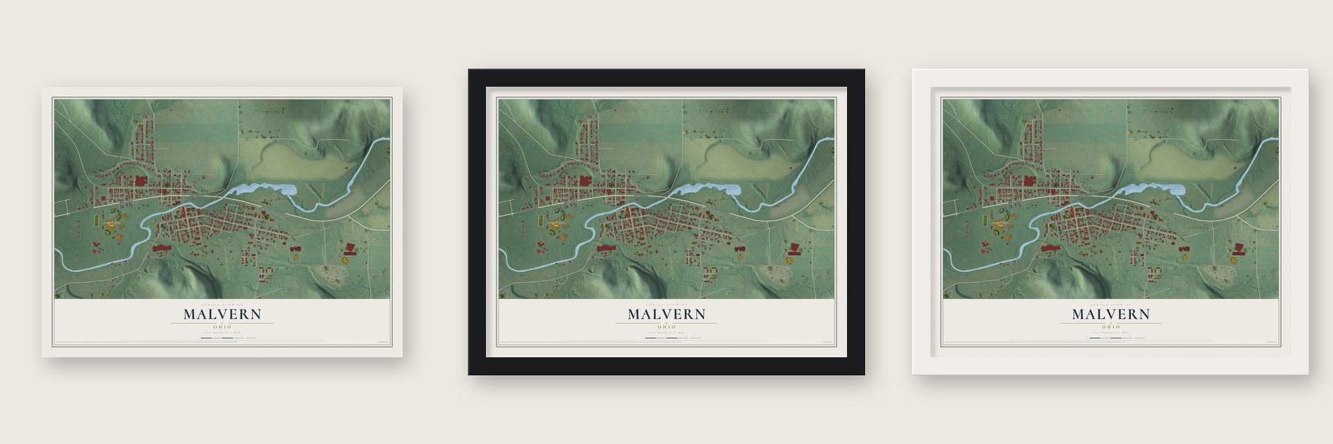 Malvern, Ohio map unframed, in a black wood frame and in a white wood frame