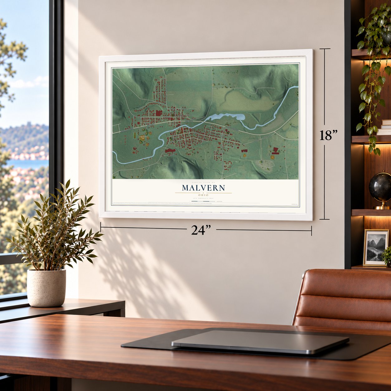 Malvern, Ohio map, 18 x 24 inch print in a white frame in a home office
