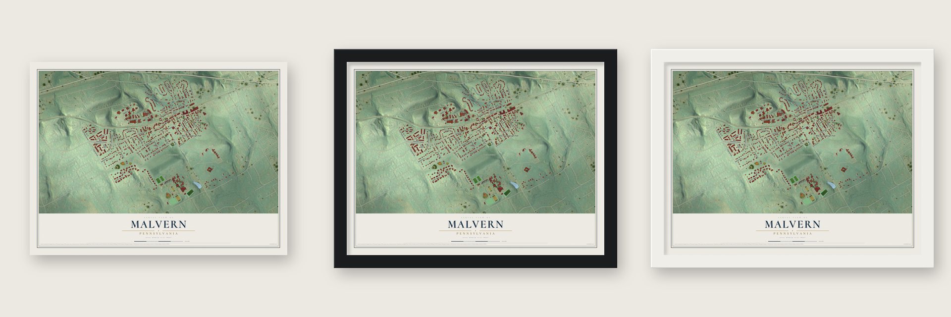 Malvern, Pennsylvania map unframed, in a black wood frame and in a white wood frame