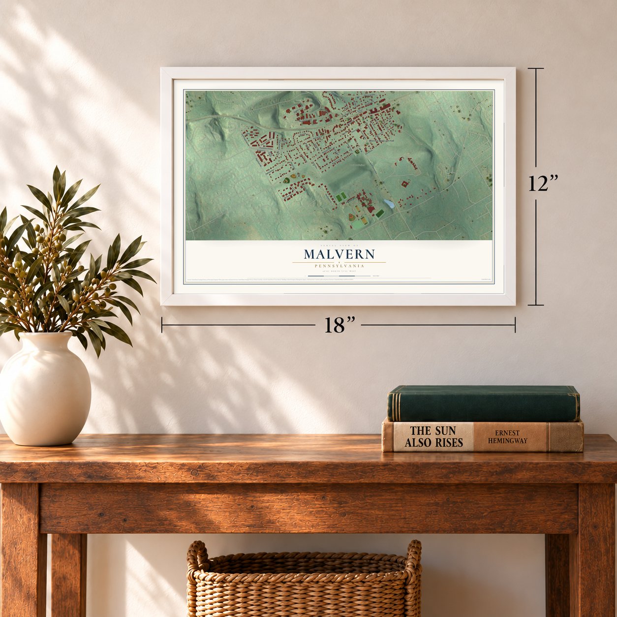 Malvern, Pennsylvania map, 12 x 18 inch print in a white frame in an entryway