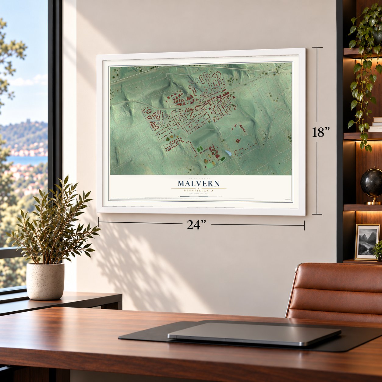 Malvern, Pennsylvania map, 18 x 24 inch print in a white frame in a home office