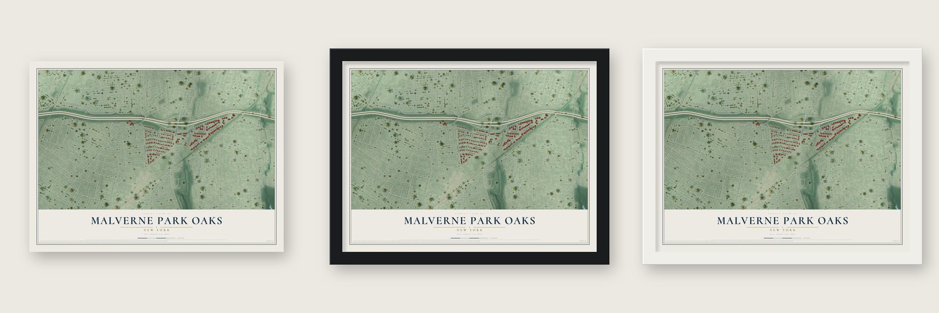 Malverne Park Oaks, New York map unframed, in a black wood frame and in a white wood frame
