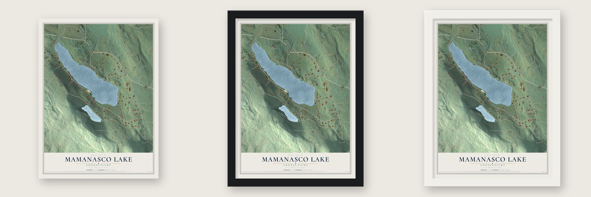 Mamanasco Lake, Connecticut map unframed, in a black wood frame and in a white wood frame