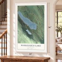 Mamanasco Lake, Connecticut map, 24 x 36 inch print in a white frame by a staircase