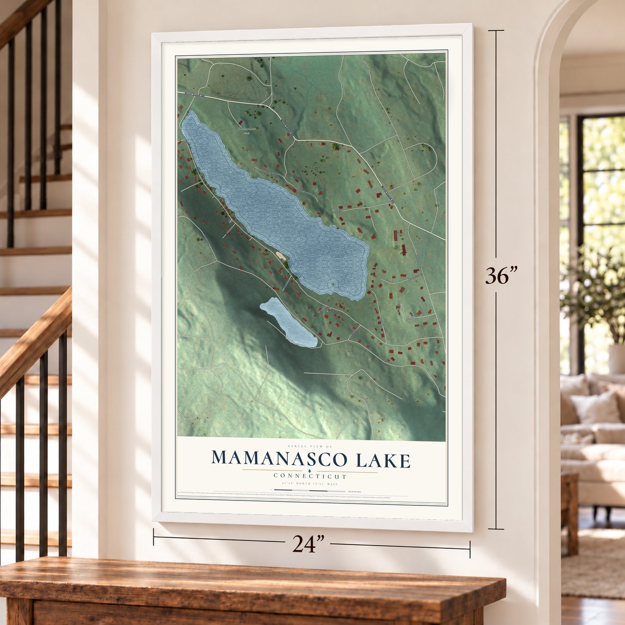 Mamanasco Lake, Connecticut map, 24 x 36 inch print in a white frame by a staircase