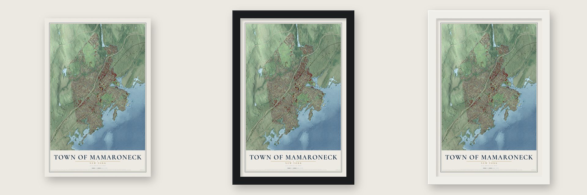 Town of Mamaroneck, New York map unframed, in a black wood frame and in a white wood frame