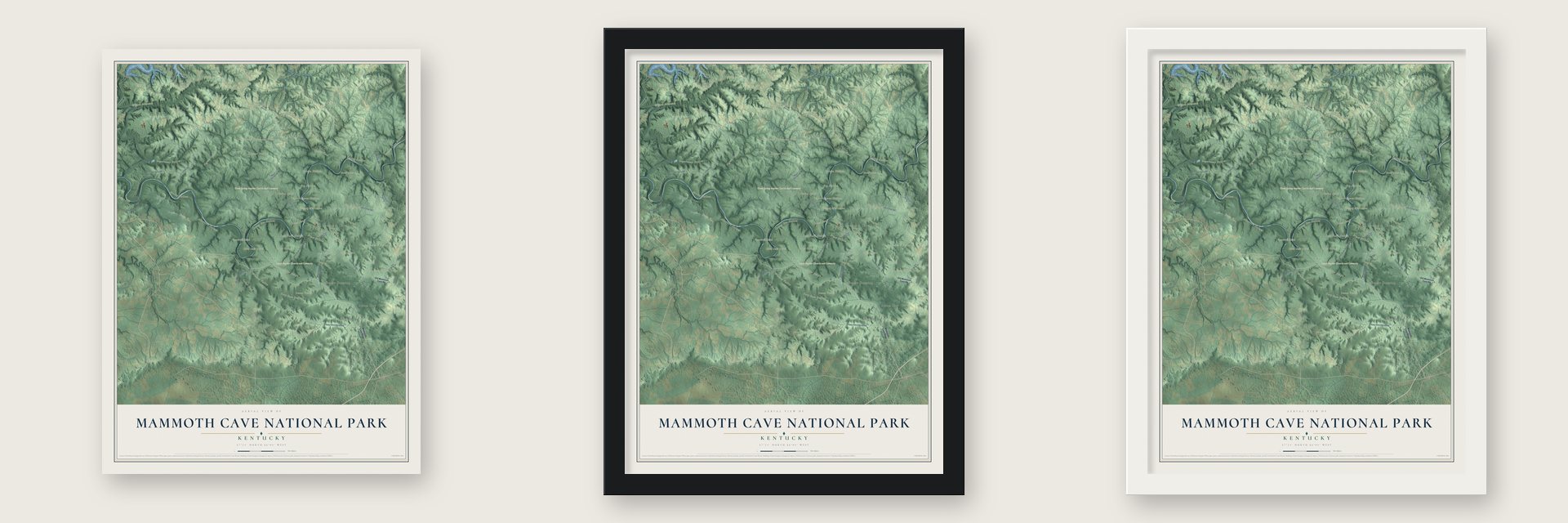 Mammoth Cave National Park, Kentucky map unframed, in a black wood frame and in a white wood frame
