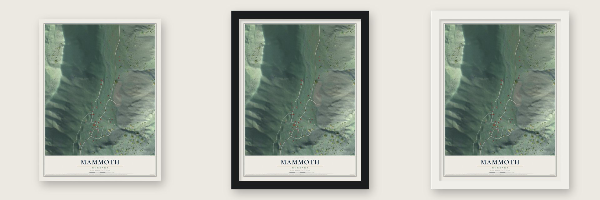 Mammoth, Montana map unframed, in a black wood frame and in a white wood frame