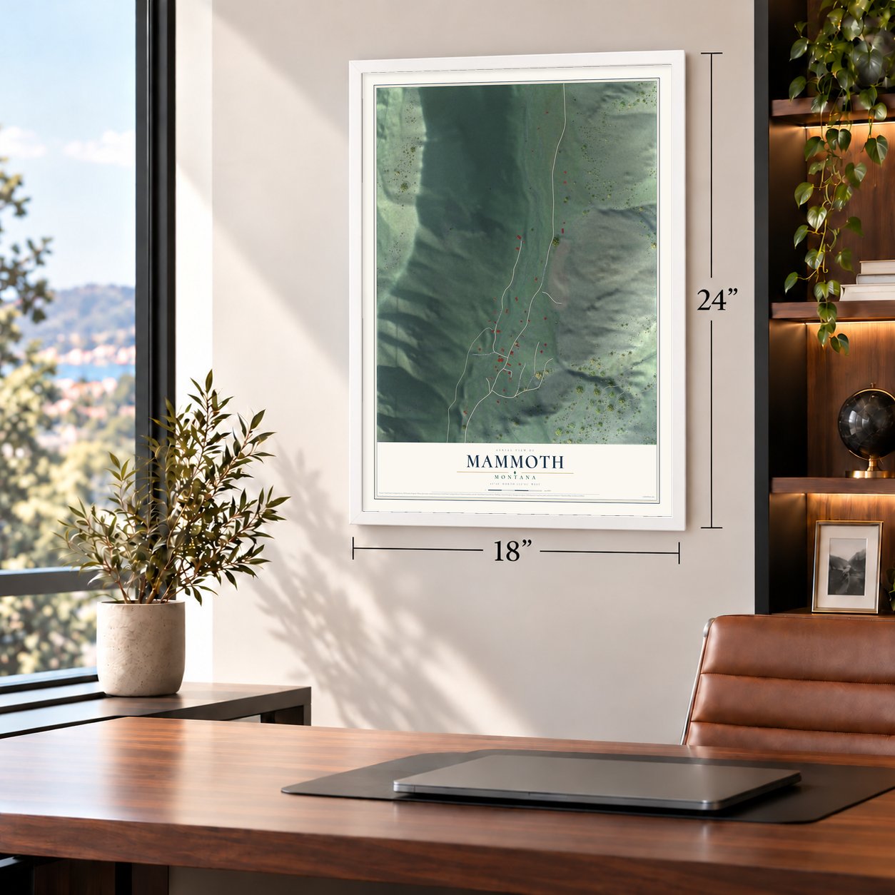 Mammoth, Montana map, 18 x 24 inch print in a white frame in a home office