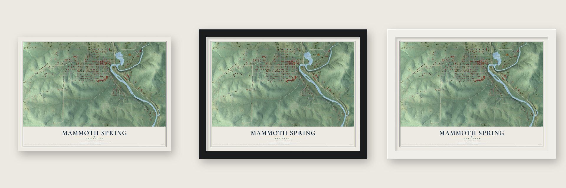 Mammoth Spring, Arkansas map unframed, in a black wood frame and in a white wood frame