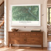 Mammoth Spring, Arkansas map, 24 x 36 inch print in a white frame above a dresser by a staircase
