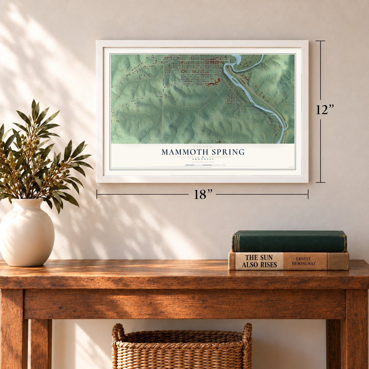 Mammoth Spring, Arkansas map, 12 x 18 inch print in a white frame in an entryway