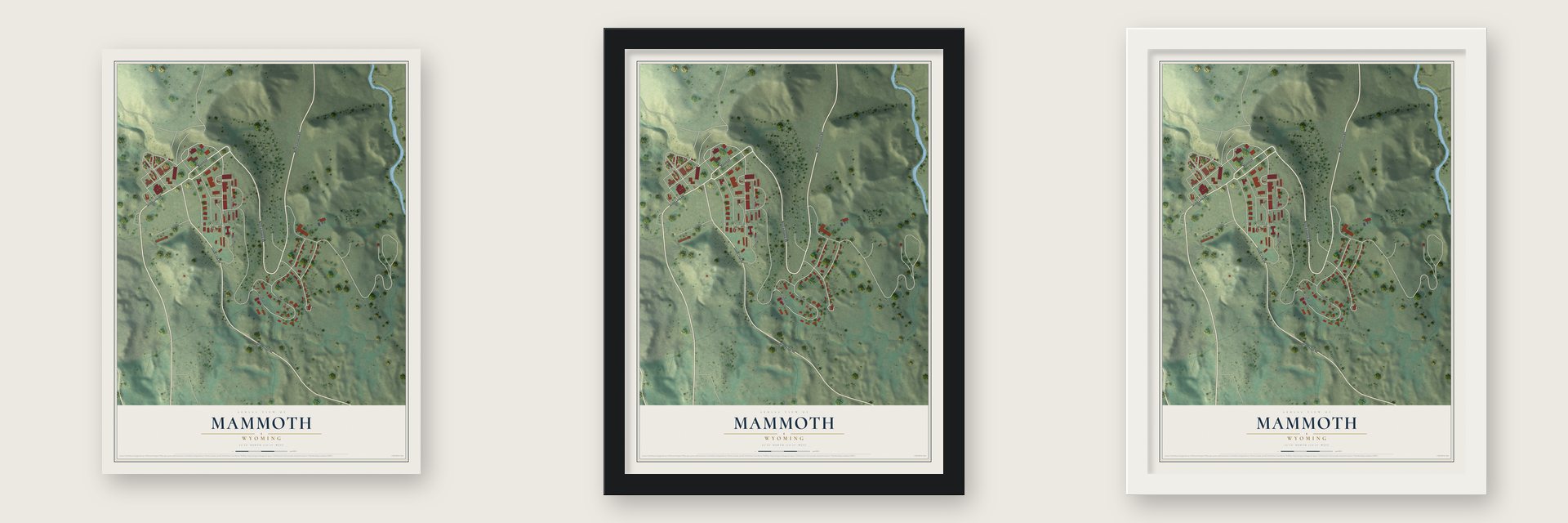 Mammoth, Wyoming map unframed, in a black wood frame and in a white wood frame