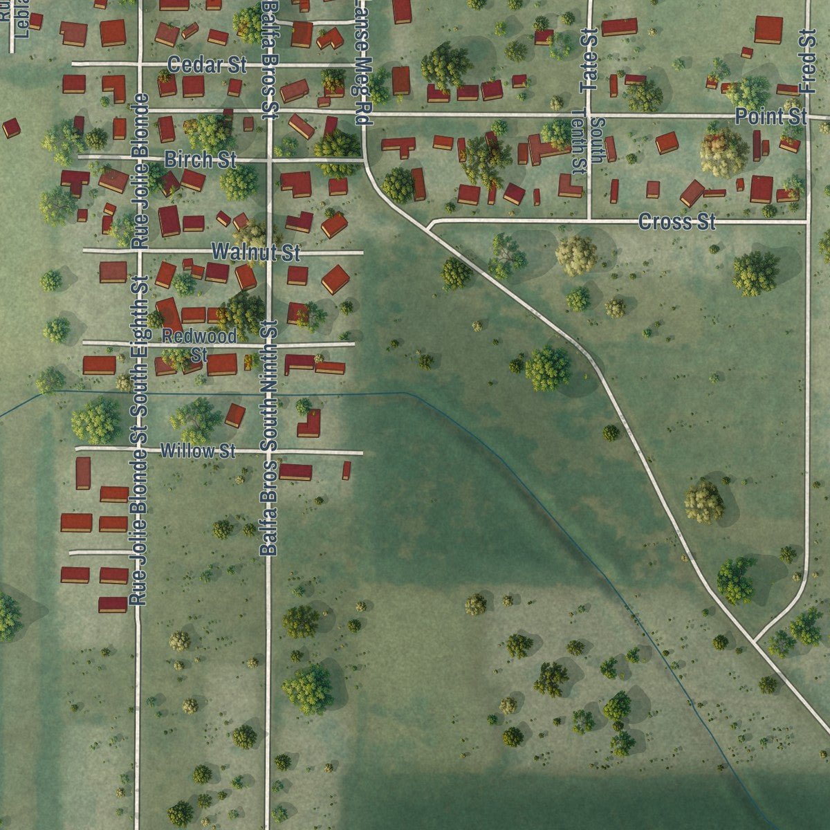 Second close-up of the map of Mamou, Louisiana print showing more streets and buildings