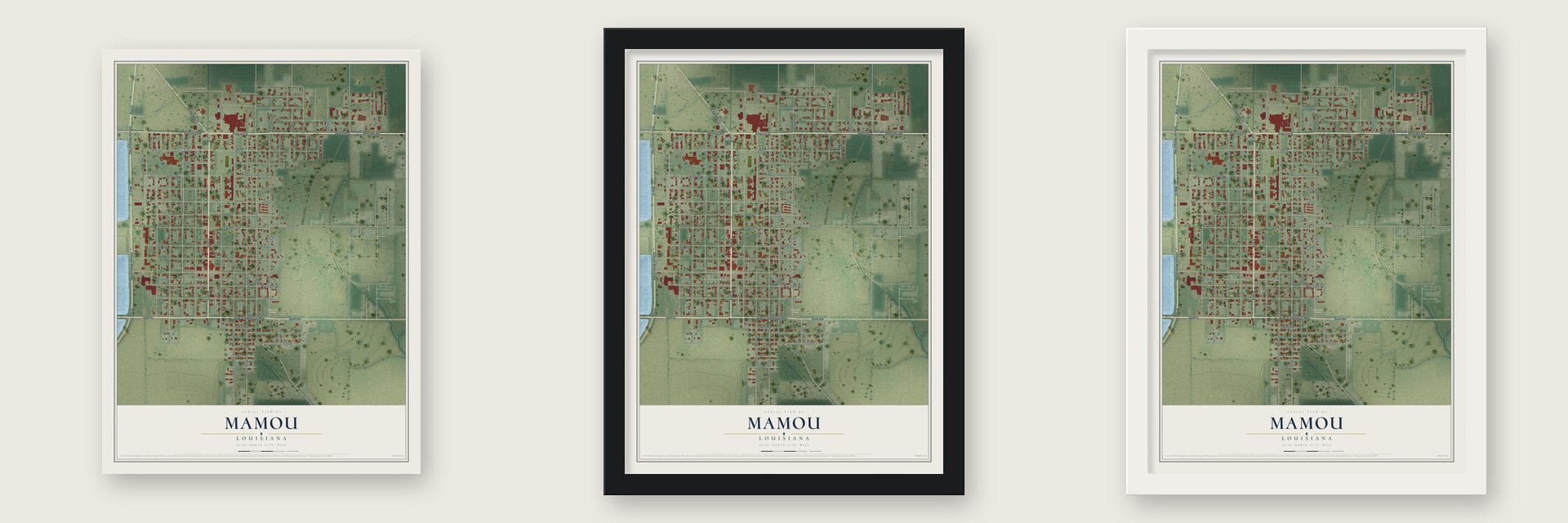 Mamou, Louisiana map unframed, in a black wood frame and in a white wood frame