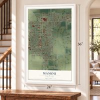 Mamou, Louisiana map, 24 x 36 inch print in a white frame by a staircase