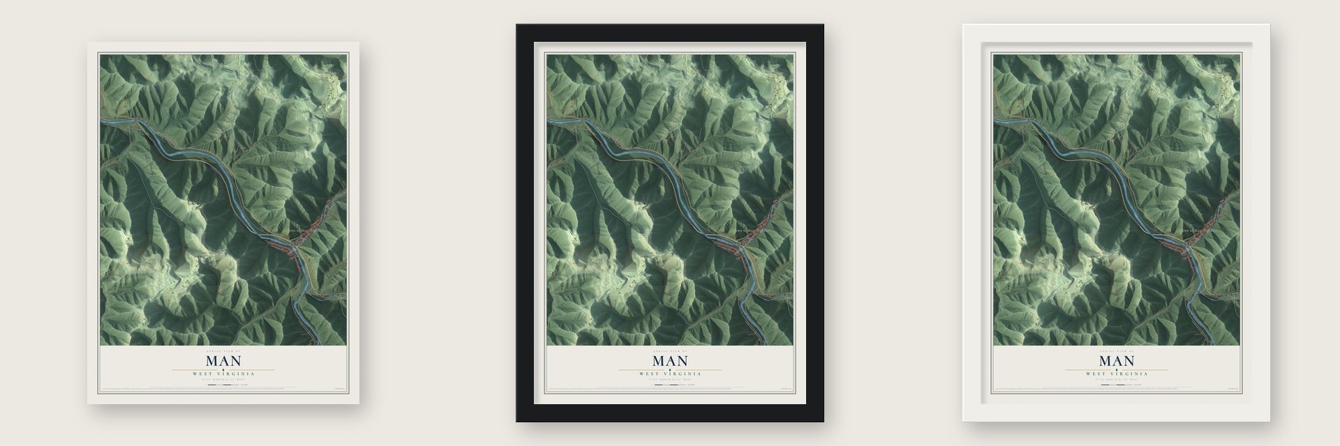 Man, West Virginia map unframed, in a black wood frame and in a white wood frame