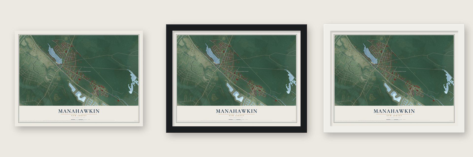 Manahawkin, New Jersey map unframed, in a black wood frame and in a white wood frame