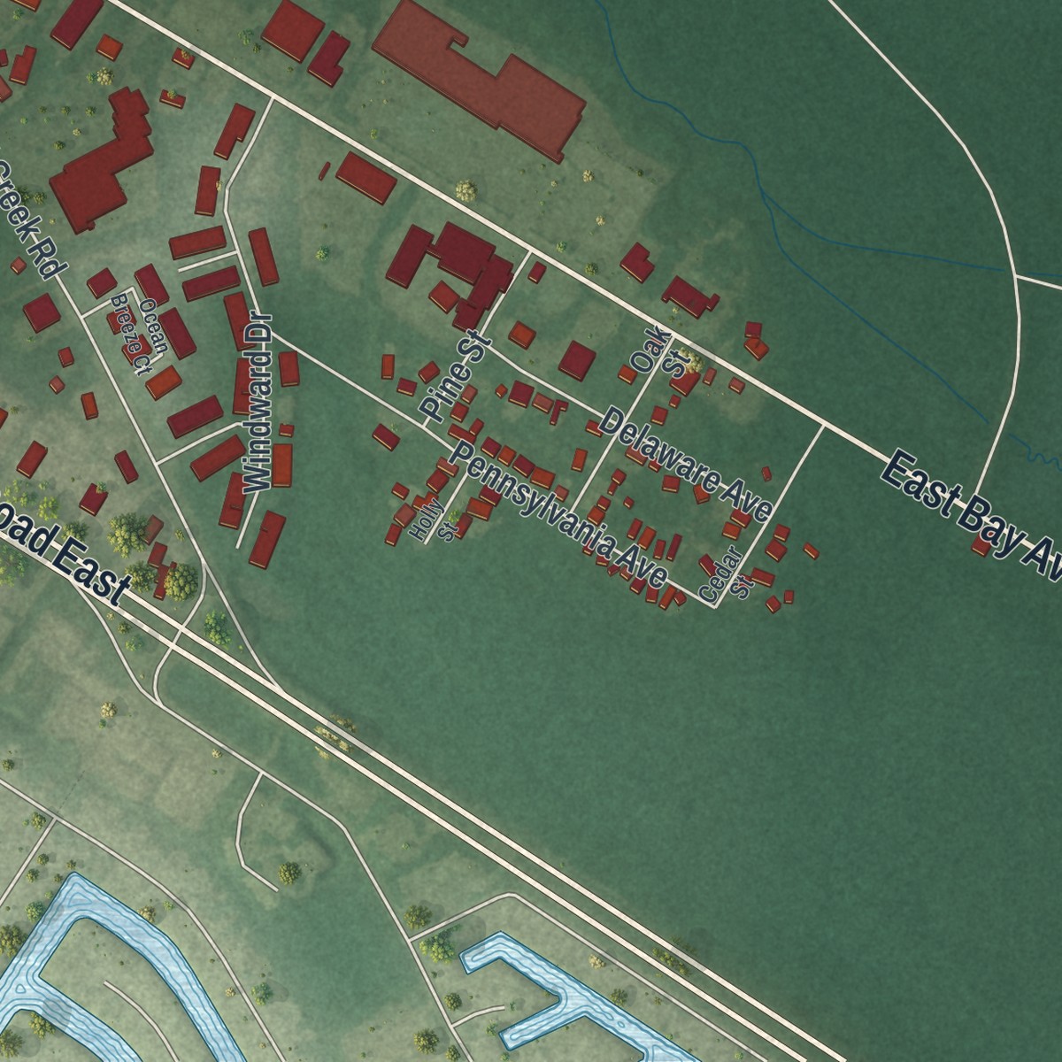 Second close-up of the map of Manahawkin, New Jersey print showing more streets and buildings
