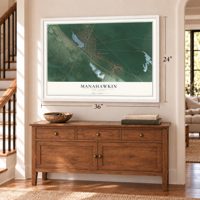Manahawkin, New Jersey map, 24 x 36 inch print in a white frame above a dresser by a staircase