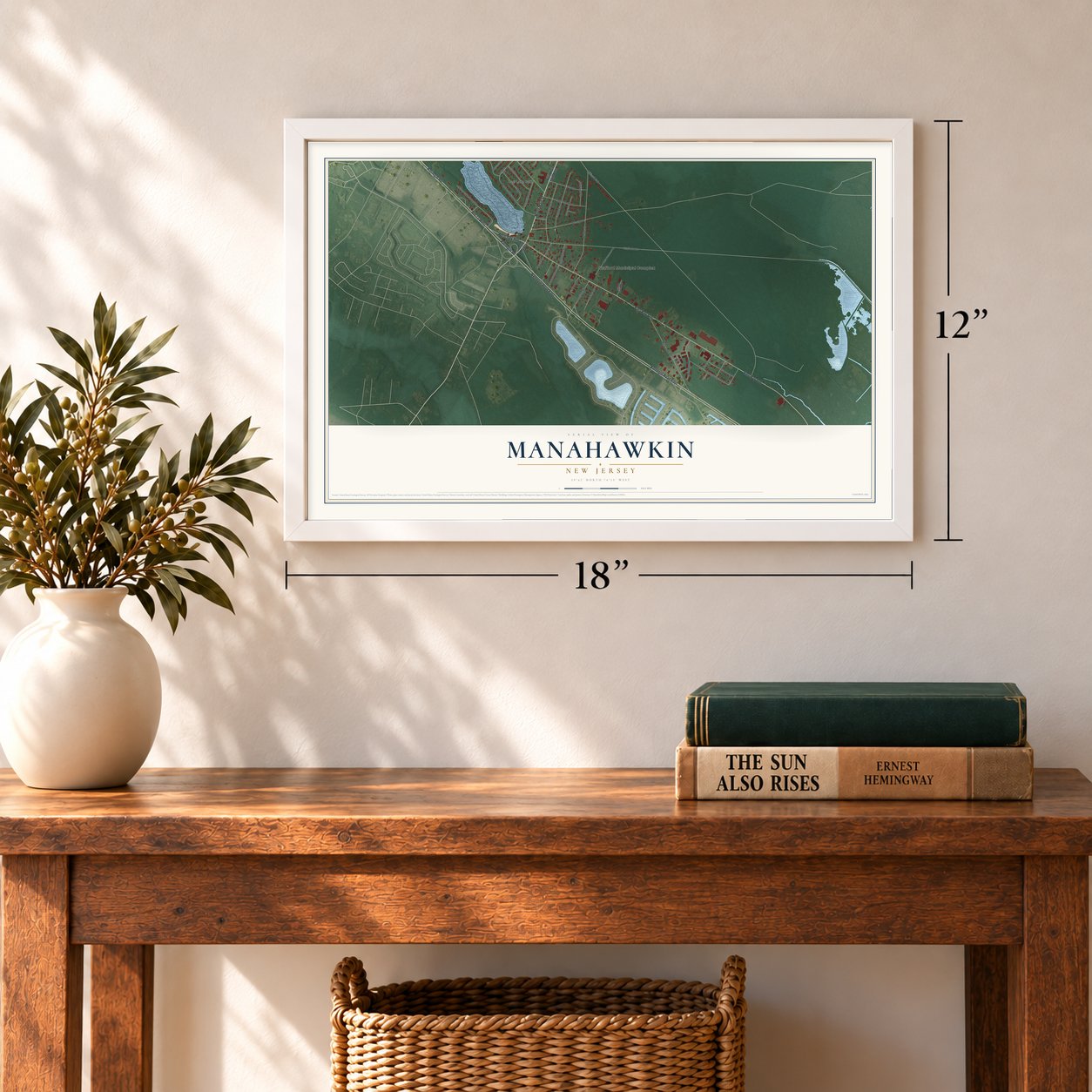 Manahawkin, New Jersey map, 12 x 18 inch print in a white frame in an entryway