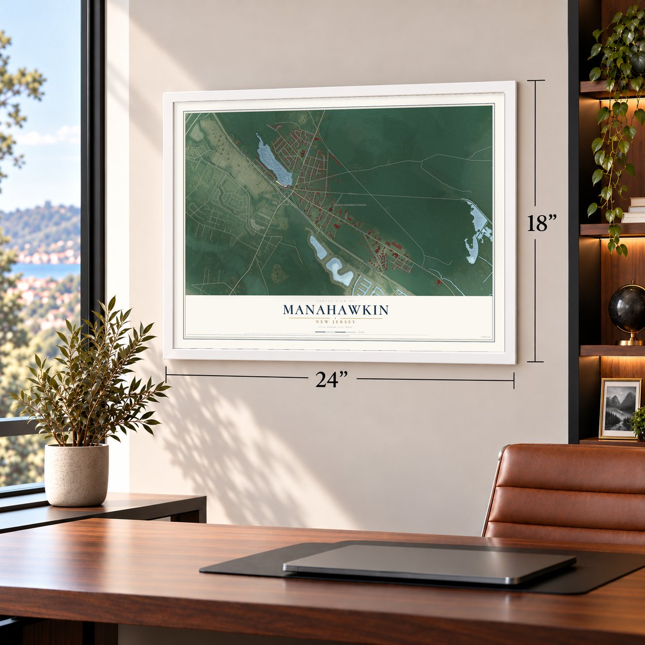 Manahawkin, New Jersey map, 18 x 24 inch print in a white frame in a home office