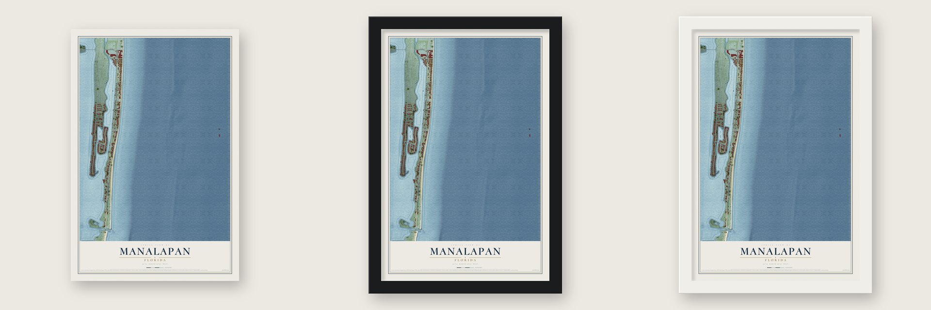 Manalapan, Florida map unframed, in a black wood frame and in a white wood frame