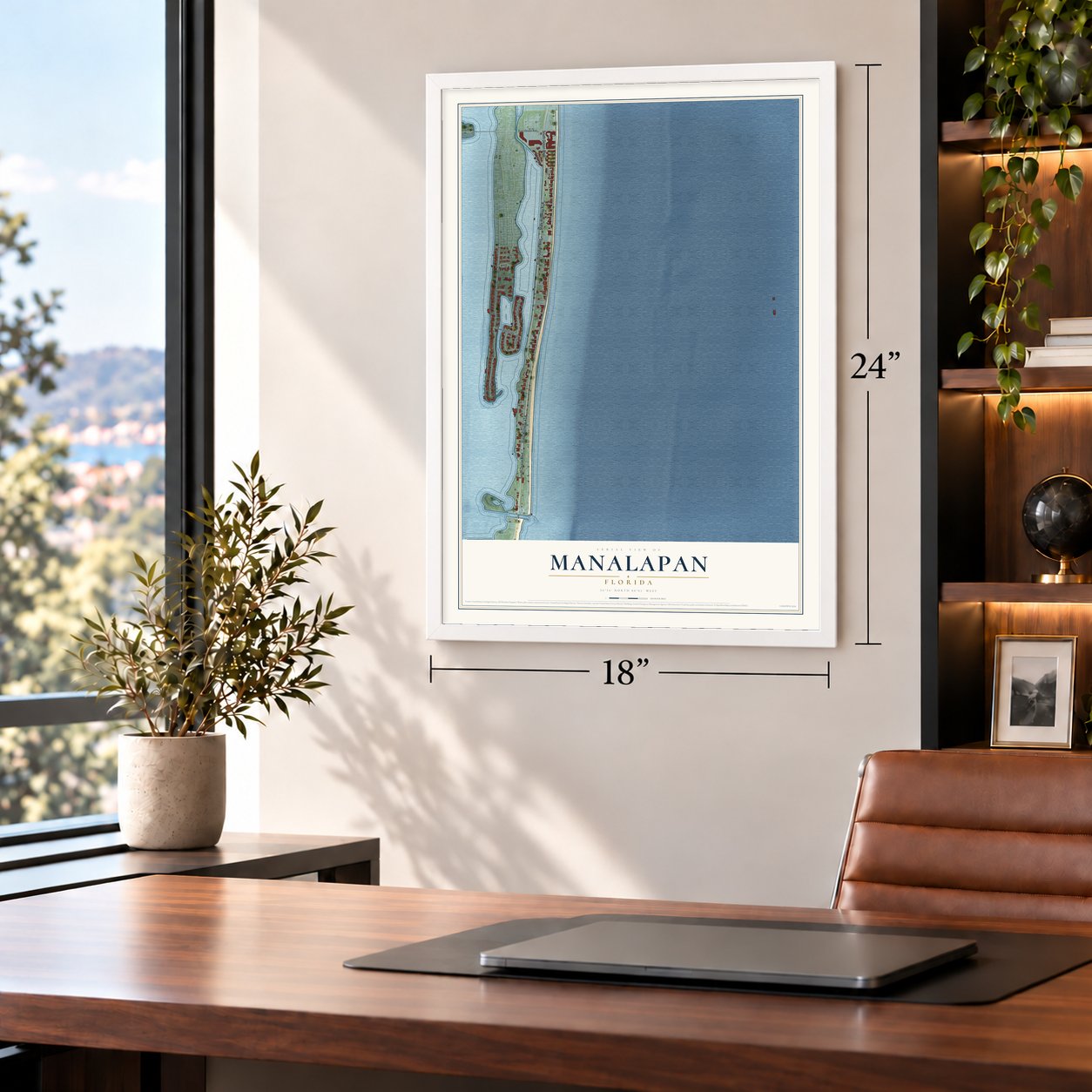 Manalapan, Florida map, 18 x 24 inch print in a white frame in a home office