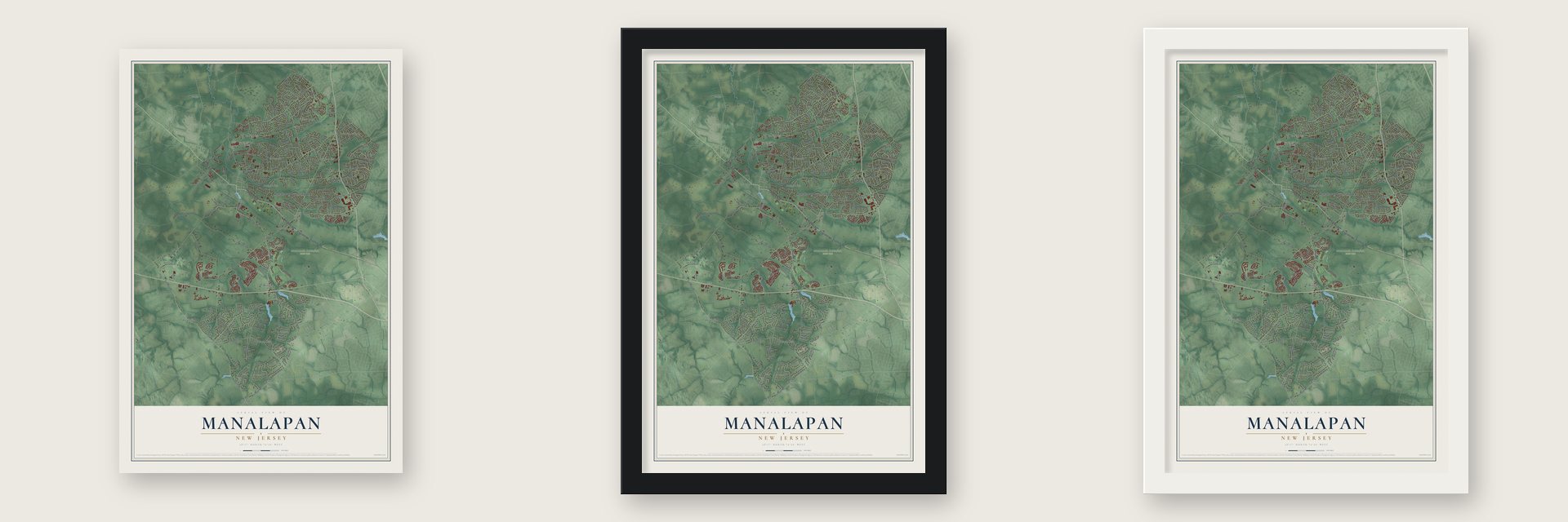 Manalapan, New Jersey map unframed, in a black wood frame and in a white wood frame
