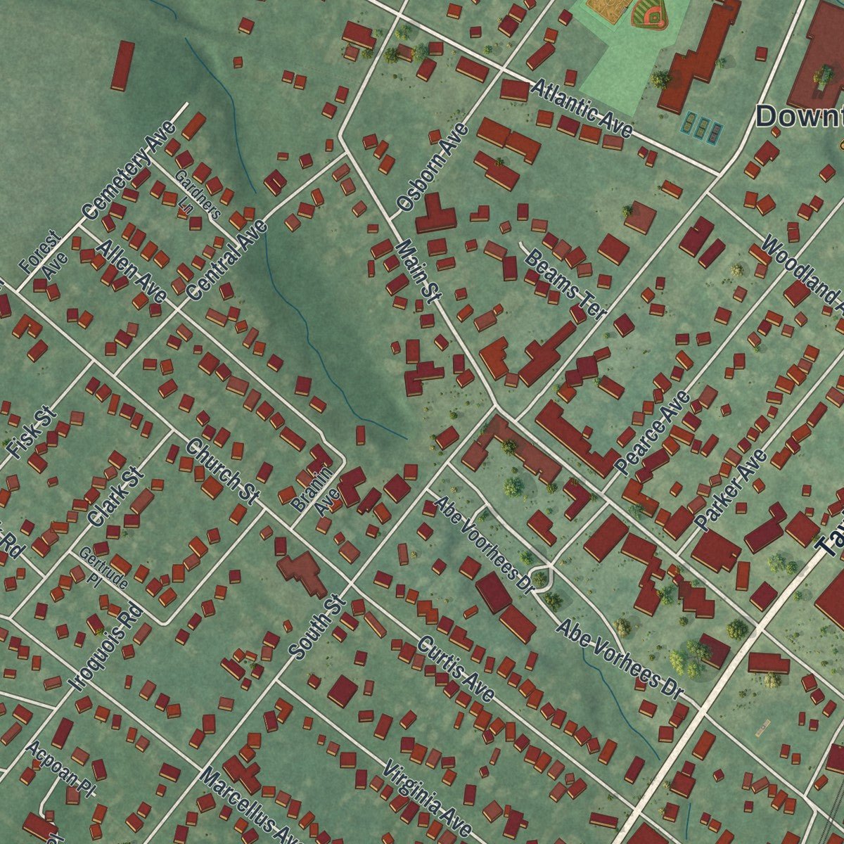 Second close-up of the map of Manasquan, New Jersey print showing more streets and buildings