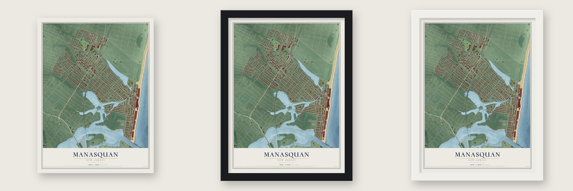 Manasquan, New Jersey map unframed, in a black wood frame and in a white wood frame