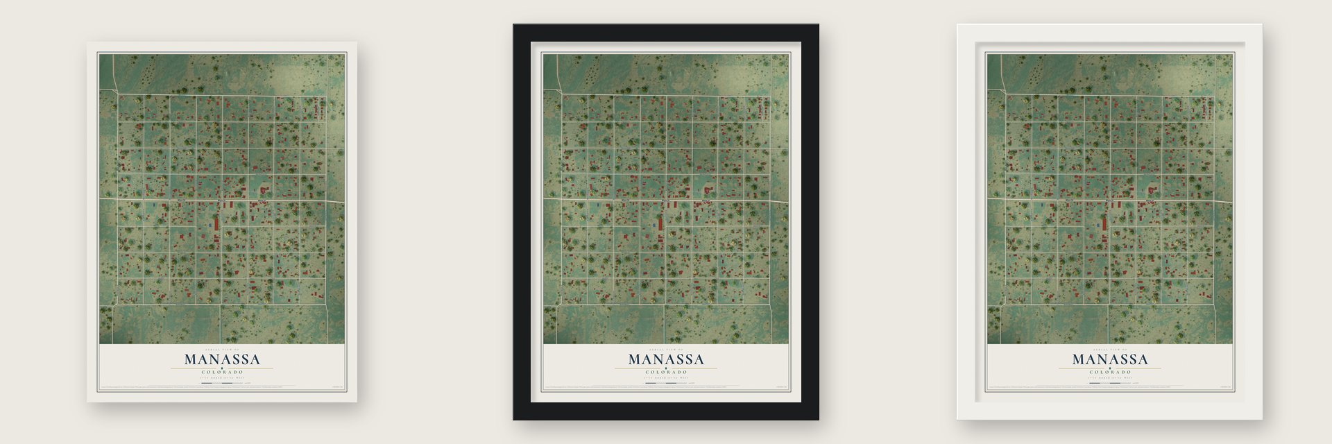 Manassa, Colorado map unframed, in a black wood frame and in a white wood frame