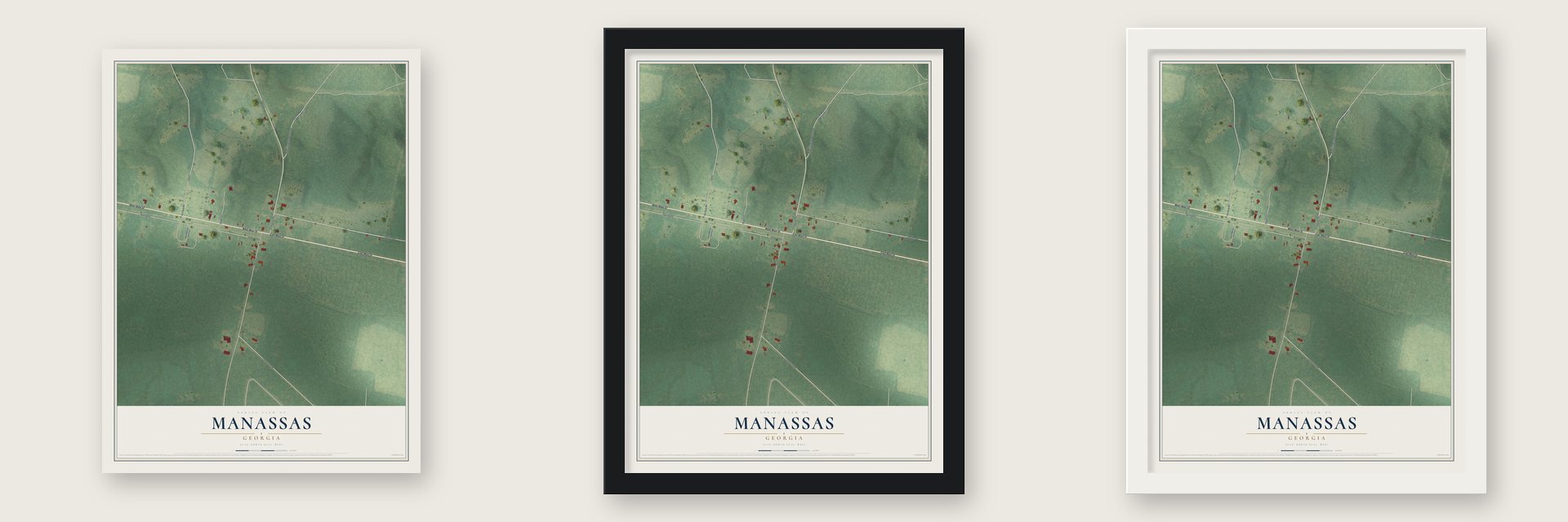 Manassas, Georgia map unframed, in a black wood frame and in a white wood frame