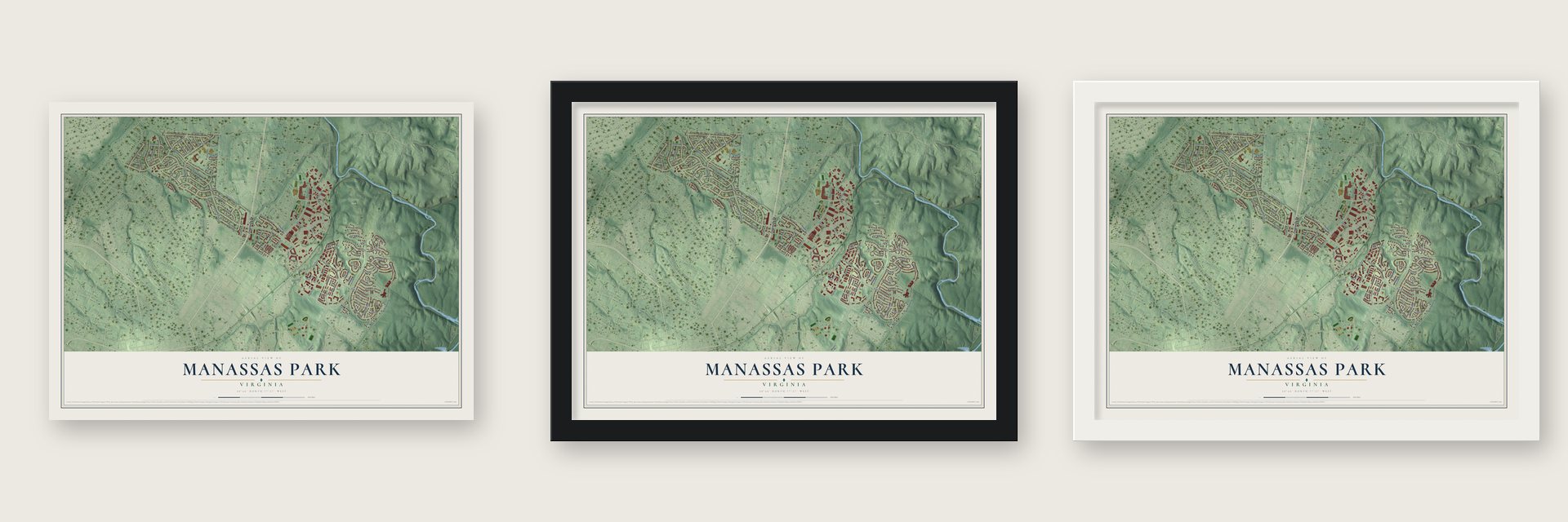 Manassas Park, Virginia map unframed, in a black wood frame and in a white wood frame