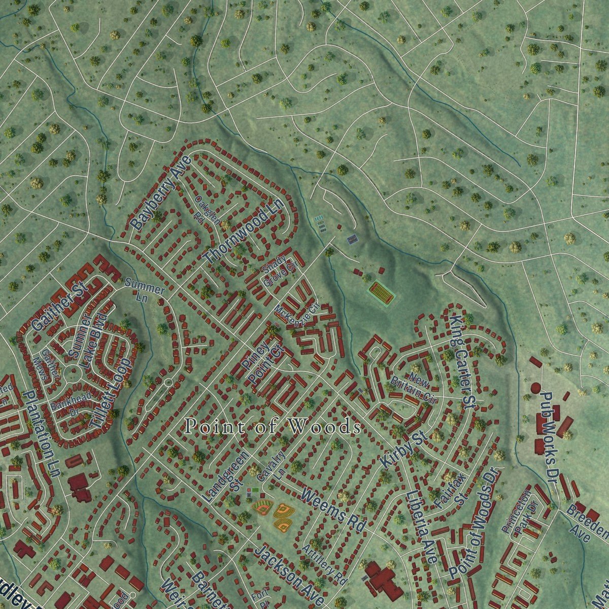 Second close-up of the map of Manassas, Virginia print showing more streets and buildings