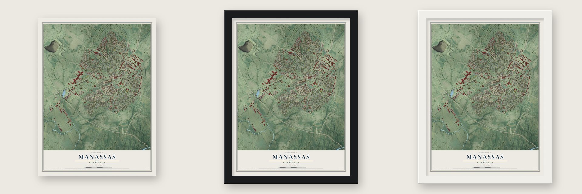 Manassas, Virginia map unframed, in a black wood frame and in a white wood frame
