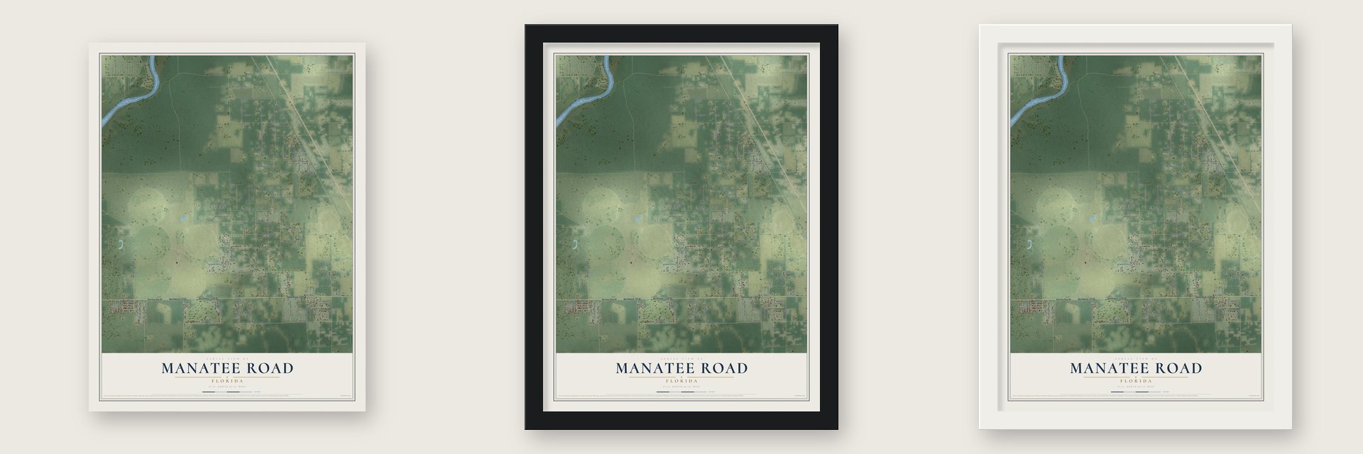 Manatee Road, Florida map unframed, in a black wood frame and in a white wood frame