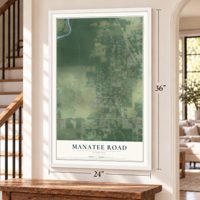 Manatee Road, Florida map, 24 x 36 inch print in a white frame by a staircase